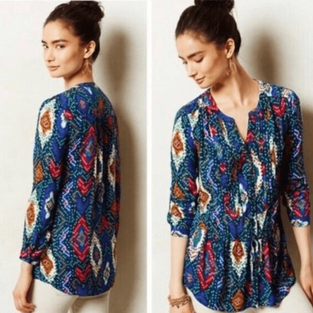 Maeve Anthropologie Topoxte Blouse Top Sz 10 Geometric Ikat Buttons Blue Multi